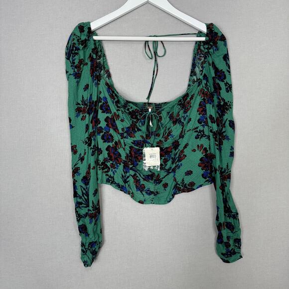 Free People Hilary Printed Top Womens Medium Green Boho Floral Peasant Crop - Picture 2 of 15